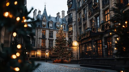 Fototapeta premium A charming, festive scene of a cobblestone street adorned with holiday lights and a Christmas tree, capturing the essence of winter celebrations.
