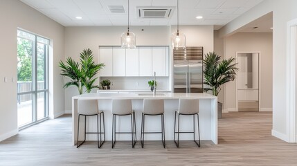 Modern kitchen with sleek design, featuring a spacious island, stylish bar stools, and large windows bringing in natural light.