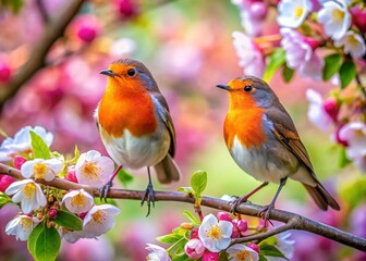 Fototapeta premium Vibrant Robin Birds Perched on Branches Amidst Green Leaves in a Bright Spring Garden Scene