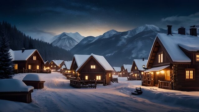 A picturesque winter village nestled in a snowy valley, with cozy wooden cottages, smoke rising from chimneys, and twinkling lights glowing under a starry night sky.
