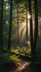 Obraz premium Serene forest with sunlight shining through dense tree canopy and green undergrowth
