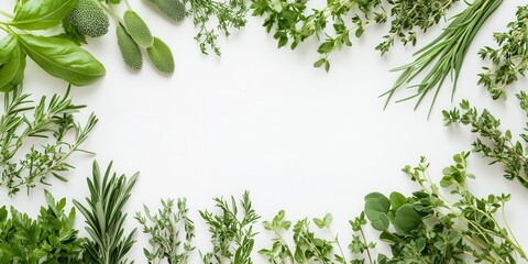 Obraz premium A variety of fresh herbs arranged on a white background for culinary use.