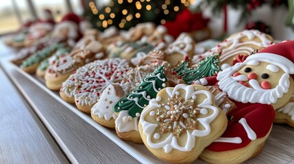 Fototapeta premium Festive Christmas Cookies: Delightful assortment of Christmas cookies decorated with festive icing and sprinkles, perfect for holiday gatherings and celebrations.
