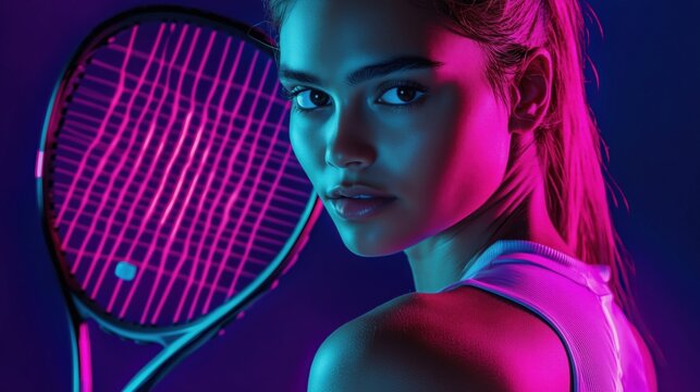 Tennis player portrait with racket, neon lighting, vibrant colors