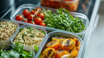 A variety of fresh ingredients prepared in containers for meal prep.