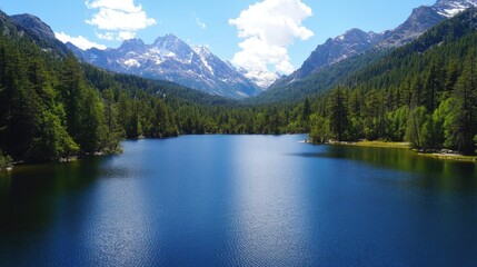 A Tranquil Mountain Lake Surrounded by Lush Evergreen Forest