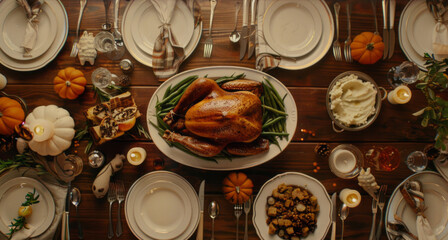 A large table is set for a Thanksgiving dinner with a turkey, potatoes