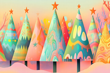Obraz premium Colorful Christmas trees in a whimsical winter landscape at sunset