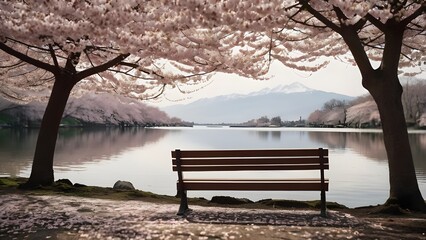 A modern park bench near a peaceful lake, with cherry blossom petals gently falling onto the water and the bench, creating a serene and romantic springtime scene.