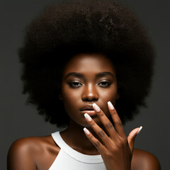 A model displays a French manicure, highlighting techniques in cosmetics, beauty, makeup, and nail