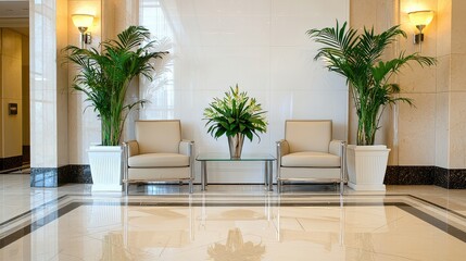 A modern lobby featuring two light-colored armchairs, a glass table, and decorative plants on a polished floor.