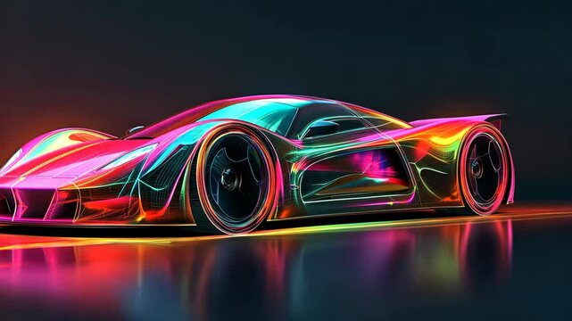 A colorful sports car sits on a dark surface
