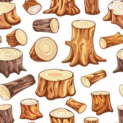 Cartoon Vector Cuts of Wood and Tree Stumps in Seamless Pattern.