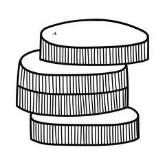 Hand drawn doodle stack of coins on white background.