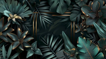 Cartoon-Style 3D Wallpaper with Jungle Plants and Gold Frames