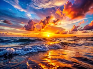Obraz premium Vibrant sunset over calm ocean waves creating a serene atmosphere for relaxation and contemplation