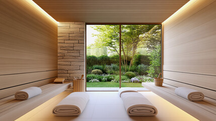 Fototapeta premium Relaxing spa interior with wooden benches, natural light, and serene garden view in a tranquil setting