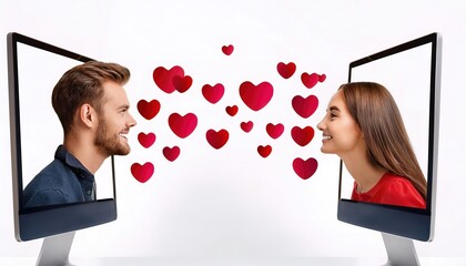 Online meeting, dating on an app or chat room, social media concept. Falling in love on the internet, man and woman having deep feelings for each other virtual reality. Isolated on white. red hearts