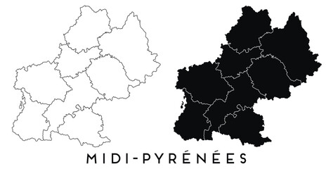 Midi Pyrenees map of regions districts vector black on white and outline
