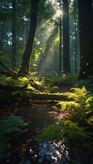 Obraz premium Moss-covered ground and ferns in a forest with warm sunlight at sunrise or sunset