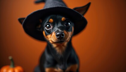 Photorealistic masterpiece miniature pinscher dog with Halloween witch's hat on the Halloween background looking at the camera, only the top of the body, detailed