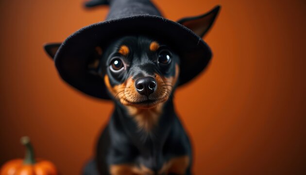 Photorealistic masterpiece miniature pinscher dog with Halloween witch's hat on the Halloween background looking at the camera, only the top of the body, detailed