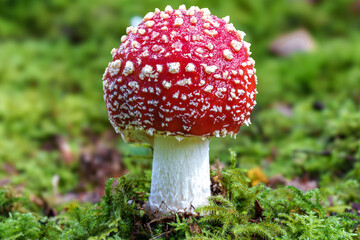 A Beautiful and Vibrant Red Mushroom Popping Up Amidst Lush Green Moss Underneath It, fly agarus