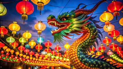 Obraz premium Vibrant Year of the Dragon Celebration with Colorful Lanterns and Traditional Decorations Elements