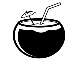 Coconut Drink silhouette vector,coconut tropical drink with straw and a little umbrella, linocut style