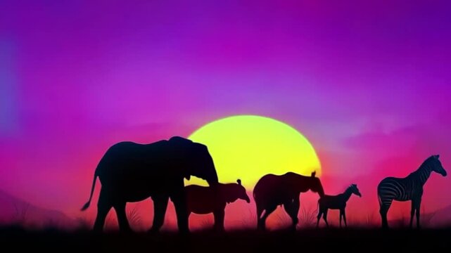 A silhouette of elephants, giraffes, and zebras grazing on the African savannah at sunset