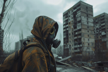 A character in a gas mask and hood stands against the backdrop of an abandoned city with a nuclear war and apocalyptic atmosphere .
