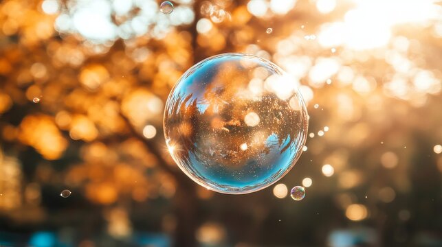 A circular bubble floats upward, catching the sunlight. 