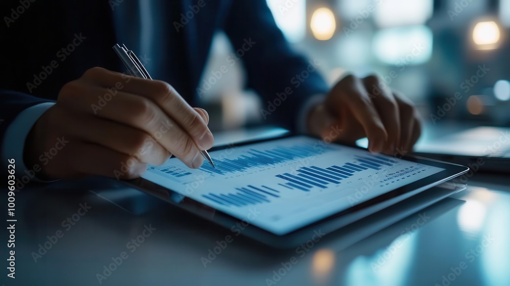 Poster close-up of business professional analyzing data on tablet, using stylus for insights and decision-m