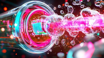 Futuristic holographic interface displaying vibrant data streams and bubbles, showcasing advanced technology and digital innovation. image evokes sense of exploration and creativity