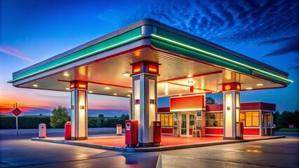 Fototapeta premium Vintage Gas Station with Classic Pumps and Neon Sign Under a Clear Blue Sky in Retro Style