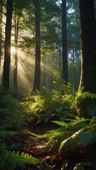 Obraz premium Forest scene with tall trees, ferns, and sunlight creating dappled light patterns