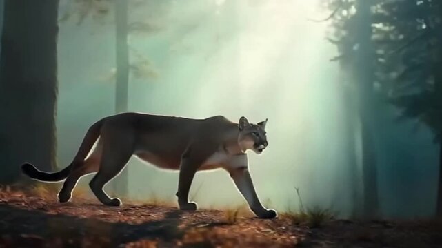 Mountain Lion in a Foggy Forest