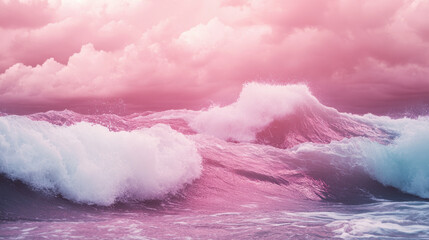 Fototapeta premium Serene pink waves dance under a colorful sunset sky, creating a tranquil ocean vista