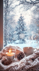 Cozy living room with a steaming cup of hot drink on a side table, knit blanket, and warm fireplace creating a relaxing atmosphere