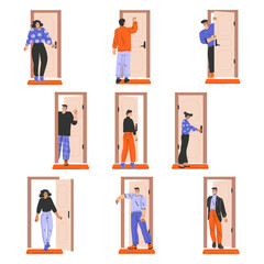 People Character at the Door as Home Entrance Vector Set