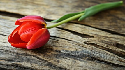 A close-up of a single scarlet tulip lying on a piece of weathered wood, highlighting its vibrant color
