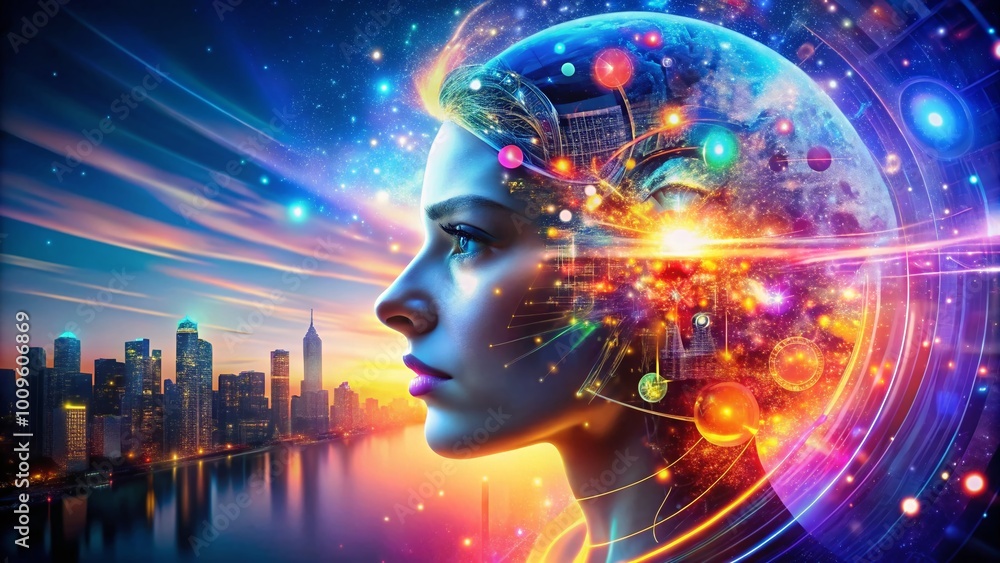 Poster visionary concept of future planning and insightful thinking with abstract elements and light effect
