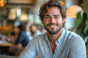 Fototapeta premium charismatic young professional man with a confident smile working on a laptop in a bright modern office setting casual yet stylish attire and a dynamic pose convey success and productivity