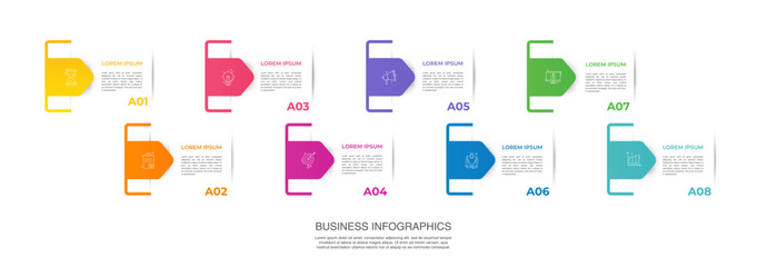 Vector template arrow infographics with 8 steps. Business premium creative concept with options, labels, parts. Eight steps for content, flowchart, timeline, levels, presentation.