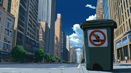A quiet urban street featuring a trash bin with a no skateboarding sign against a clear sky.