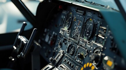 Obraz premium Aircraft cockpit controls and instruments.