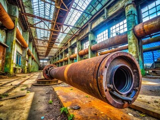 Weathered and Rusted Industrial Pipe Against a Grungy Background in an Abandoned Factory Setting
