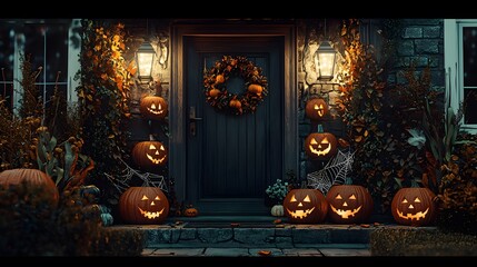 Pumpkins and fall wreath adorn porch with jack o' lanterns lighting up yard. Halloween decorations for autumn-ready American home