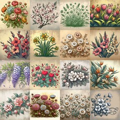 Flowers painted on the concrete wall. AI generated illustration