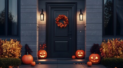 Obraz premium Pumpkins and festive wreath decorate the front porch for Halloween. Jack o' lanterns and seasonal decor in yard of American home. Autumn holiday background